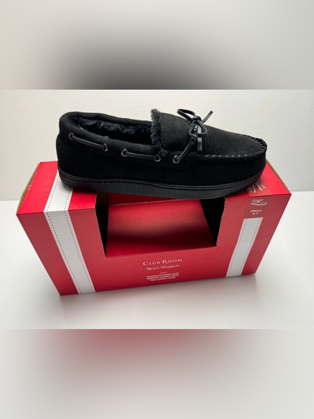 Club Room Men's Faux-Suede Moccasin Slippers with Faux-Fur Lining Black Sm 6-7